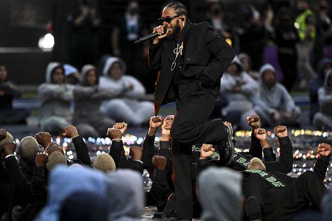 Kendrick Lamar performs during halftime in Super Bowl LVI at SoFi Stadium on Sunday, Feb. 13 2022 in Inglewood, CA