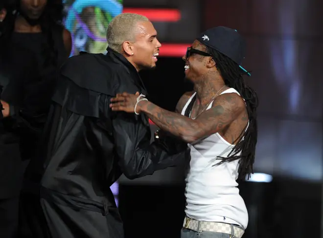 Chris Brown and rapper Lil Wayne onstage during the BET Awards '11 held at the Shrine Auditorium on June 26, 2011 in Los Angeles, California
