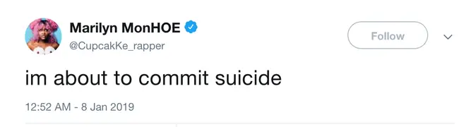 Cupcakke shared a post about comitting suicide on Twitter