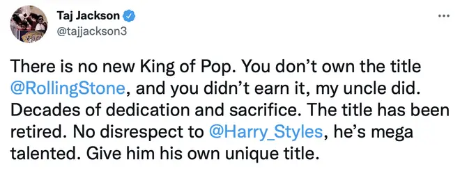 The tweet where Taj Jackson called out Harry Styles.