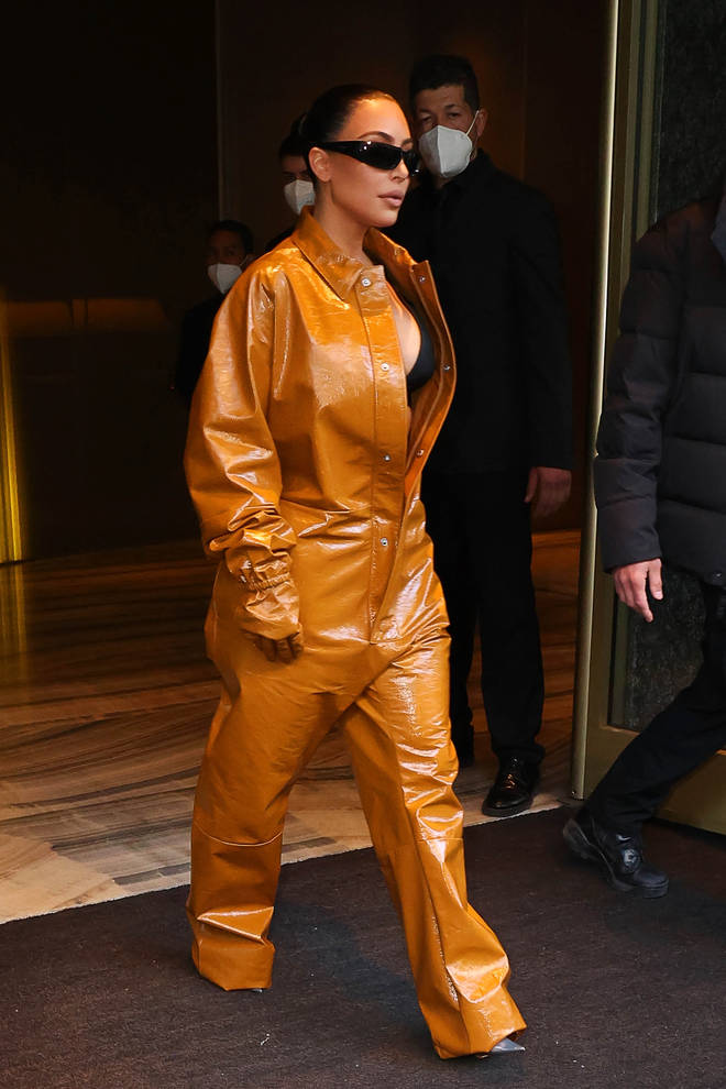 Kim during Milan Fashion Week wearing Prada.
