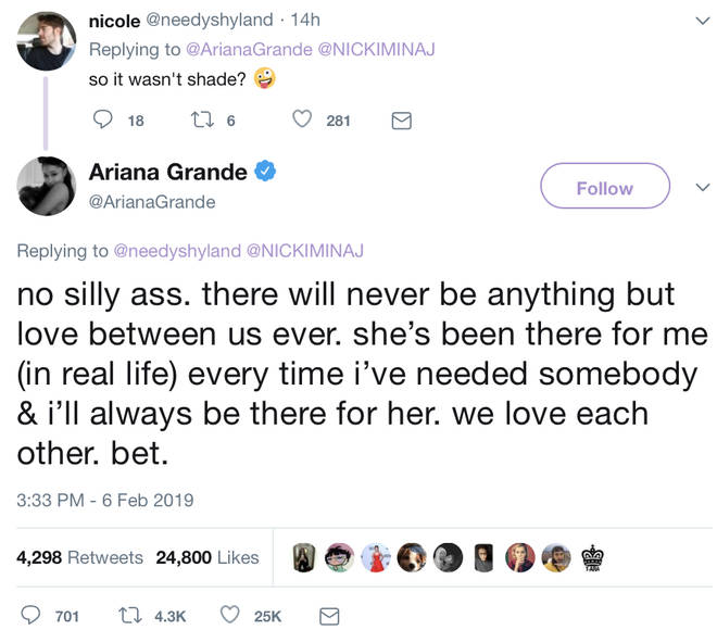 Ariana Grande shuts down rumours of there being "shade" in Nicki Minaj&squot;s news song