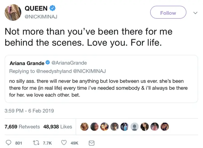 Nicki Minaj expresses how much Ariana Grande has been there for her in tweet