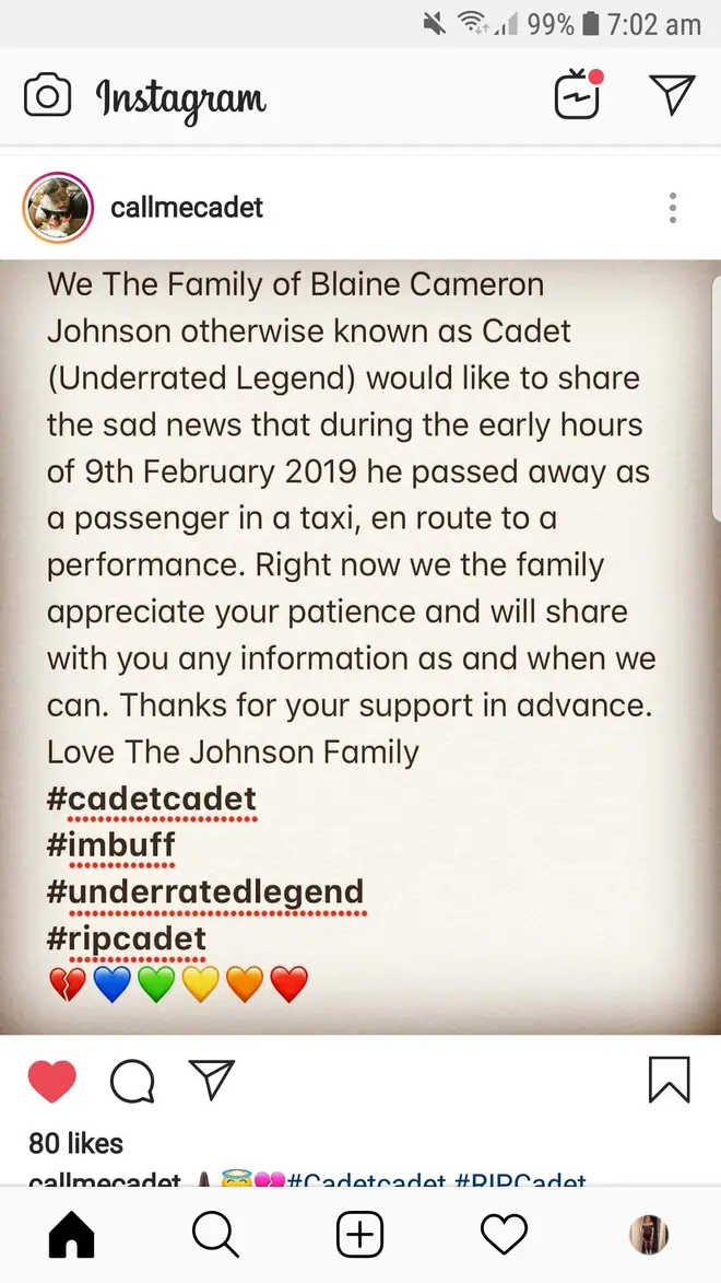 Cadet's family shared a statement followmg the rapper's death