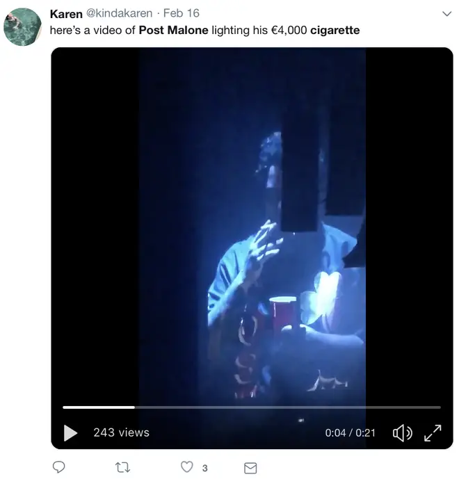 A fan on Twitter captures Post Malone smoking his €4,000 cigarette