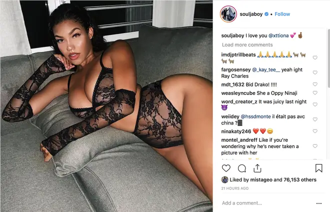 The curvaceous model poses in a lingerie photo that Soulja Boy posts on Instagram