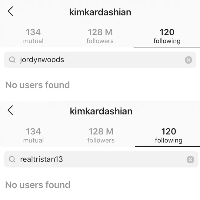 Kim Kardashian appeared to unfollow Tristan and Jordyn on Instagram.