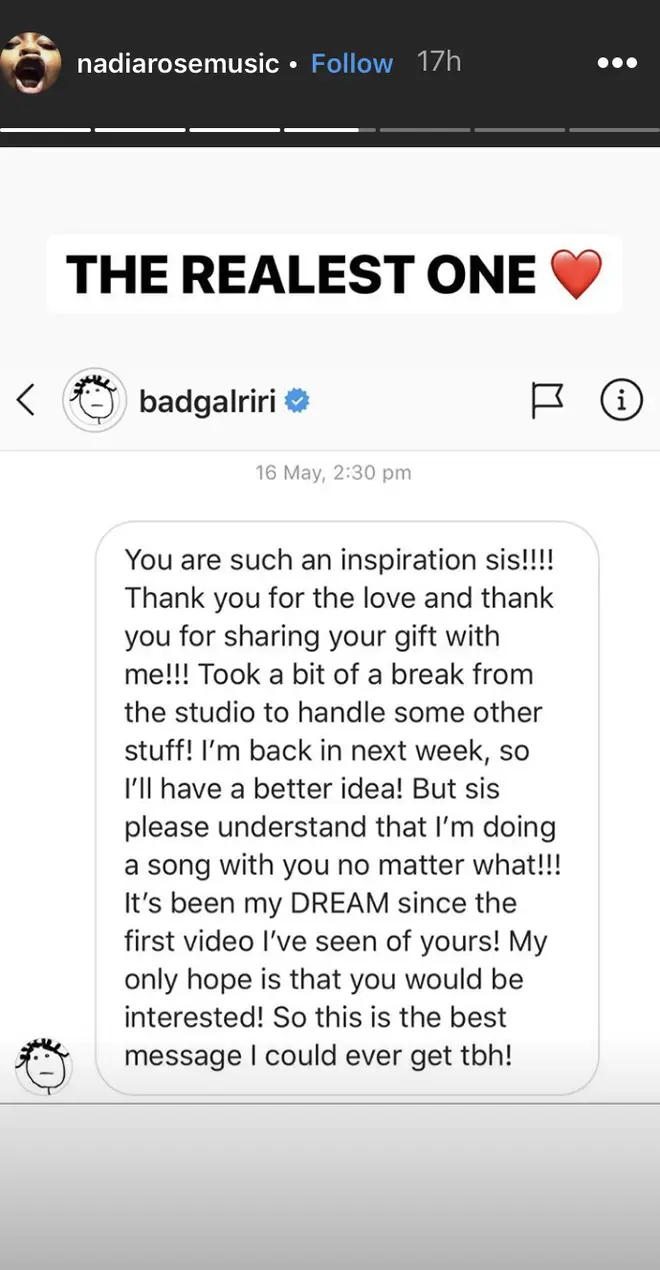 Nadia Rose shares a screenshot of her direct messages with Rihanna