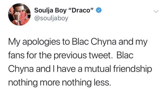 Soulja appeared to apologise to Chyna in a tweet that he later claimed was written by her.