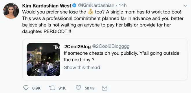 Kim Kardashian responds to twitter user who bashes Khloe for going to PrettyLittleThing event after cheating scandal