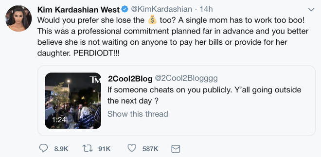 Kim Kardashian responds to twitter user who bashes Khloe for going to PrettyLittleThing event after cheating scandal
