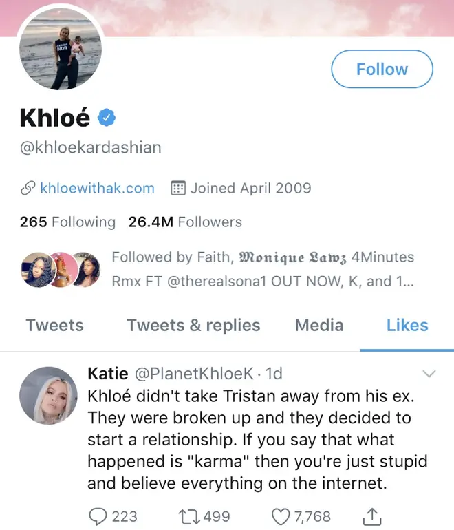 Khloe Kardashian likes tweet about Tristan's ex-girlfriend