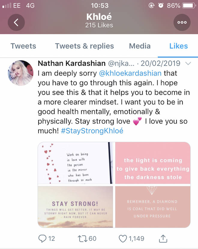Khloe likes a tweet of a fan showing support after the reality star found out Tristan Thompson had cheated on her again