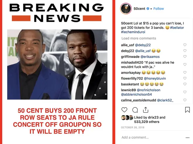50 cent buys 200 tickets at Ja Rule concert just to keep seats empty