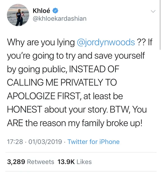 Khloe accuses Jordyn Woods of lying.