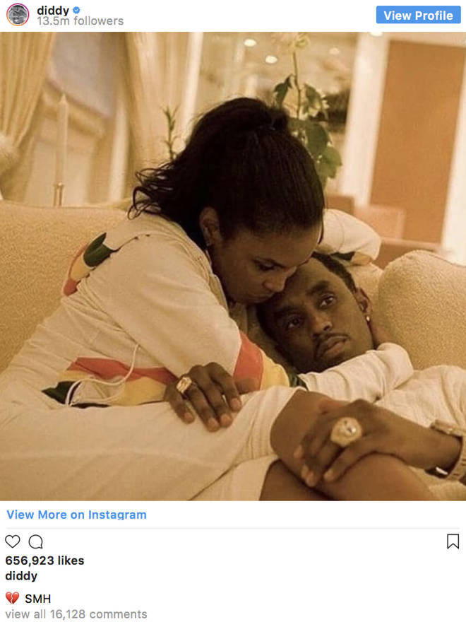 Diddy posts a photo of himself and late partner Kim Porter cuddled up with the caption "💔 SMH"