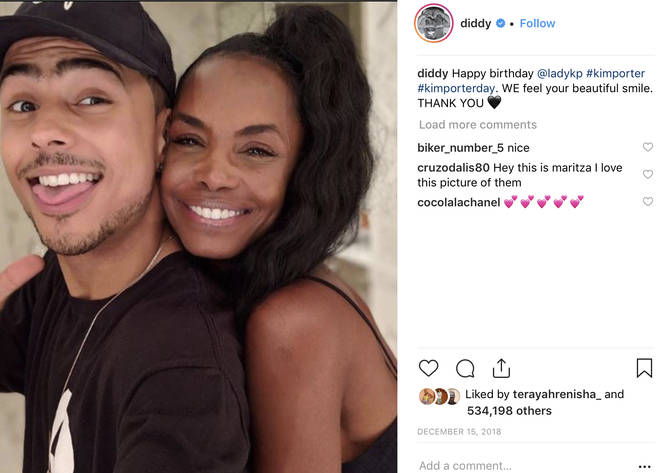 Diddy reposts a photo of Kim Porter and their adopted son Quincy Jones on Instagram for her birthday