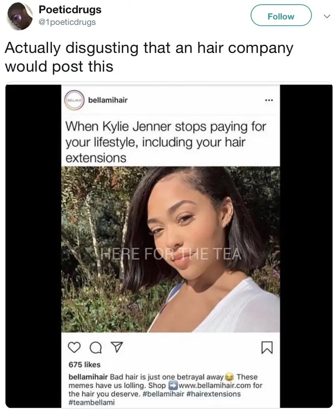 A social media user calls out Bellami hair for Jordyn Woods post
