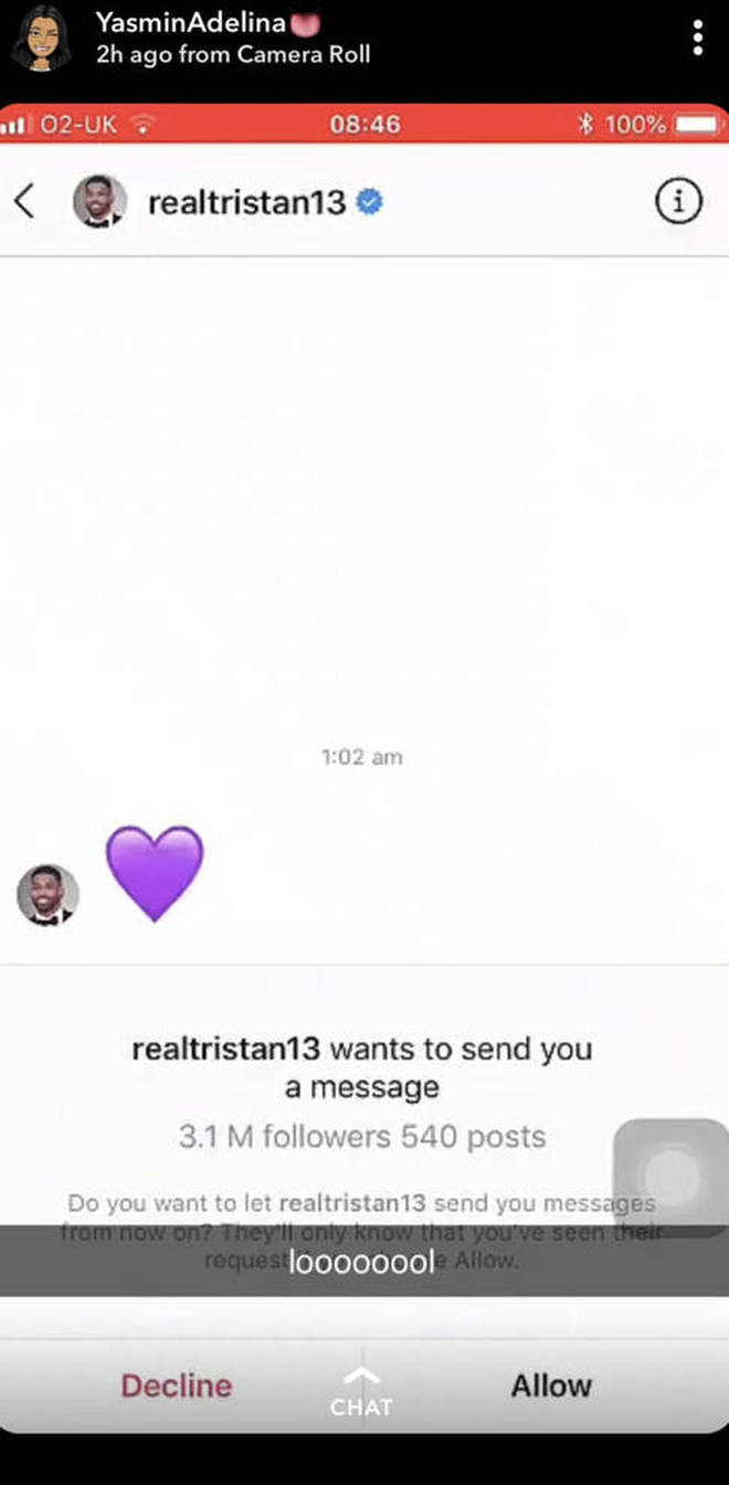 Tristan Thompson jumps in Yasmin's DM's with a purple love heart