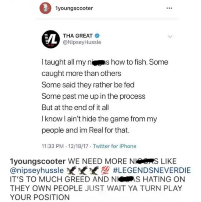 Young Scooter reposts an old tweet from Nipsey Hussle on Instagram and pays tribute to late rapper