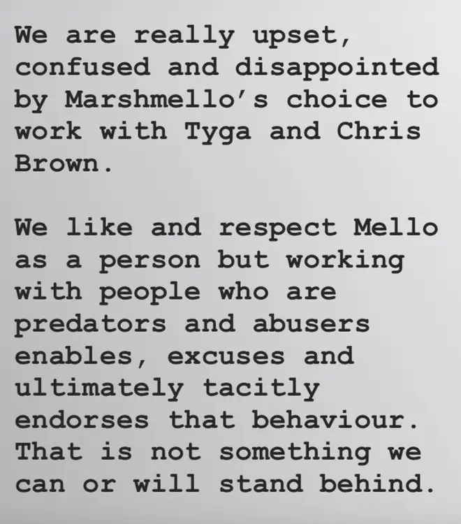 The band said they are "upset, confused and disappointed" that their collaborator Marshmello words with "predators and abusers."