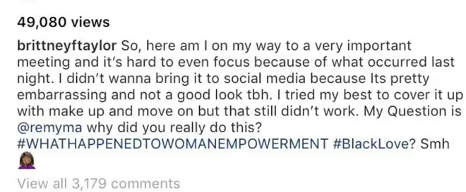 Brittney Taylor tags Remy Ma in the post of her black eye and asks why she assaulted her