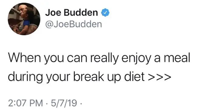 Budden subtly mocked the split by admitting he&squot;s enjoying his "break-up diet."