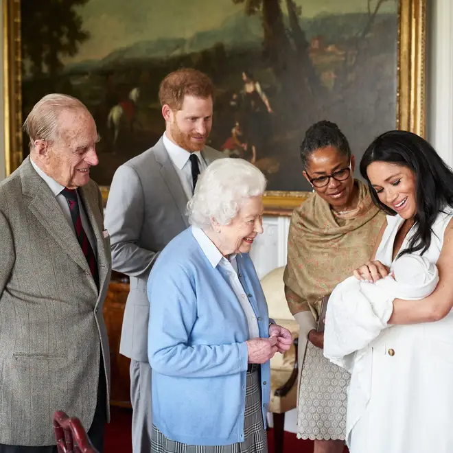 Prince Archie Harrison Mountbatte-Windsor is introduced to The Queen by Meghan Markle and Prince Harry