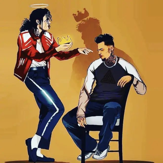 In the image, Jackson passes a golden crown to Brown, referring to his 'King Of Pop' title.