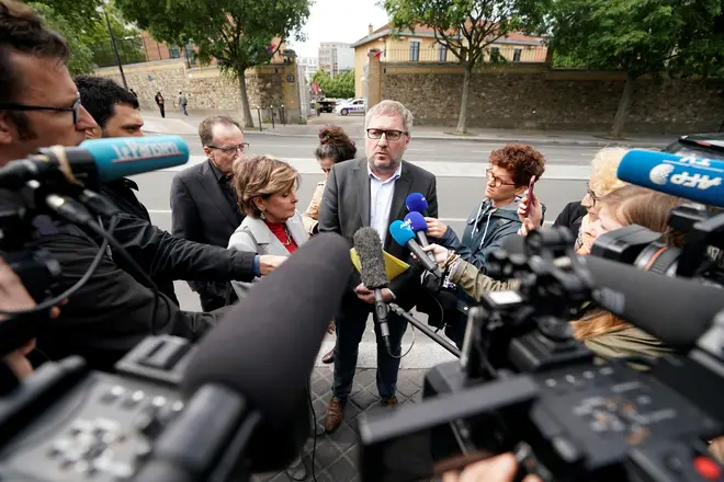 US lawyer Gloria Allred (L) and French lawyer Jean-Marc Descoubes address the press on May 28, 2019 outside a French crime Police headquarters in Paris.