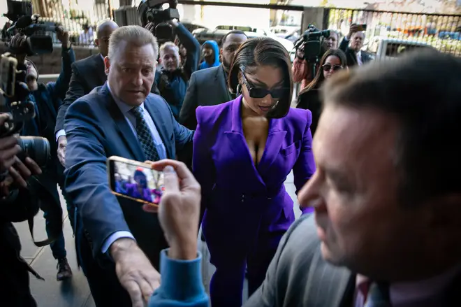 Megan Thee Stallion whose legal name is Megan Pete arrives at court to testify in the  trial of Rapper Tory Lanez for allegedly shooting her