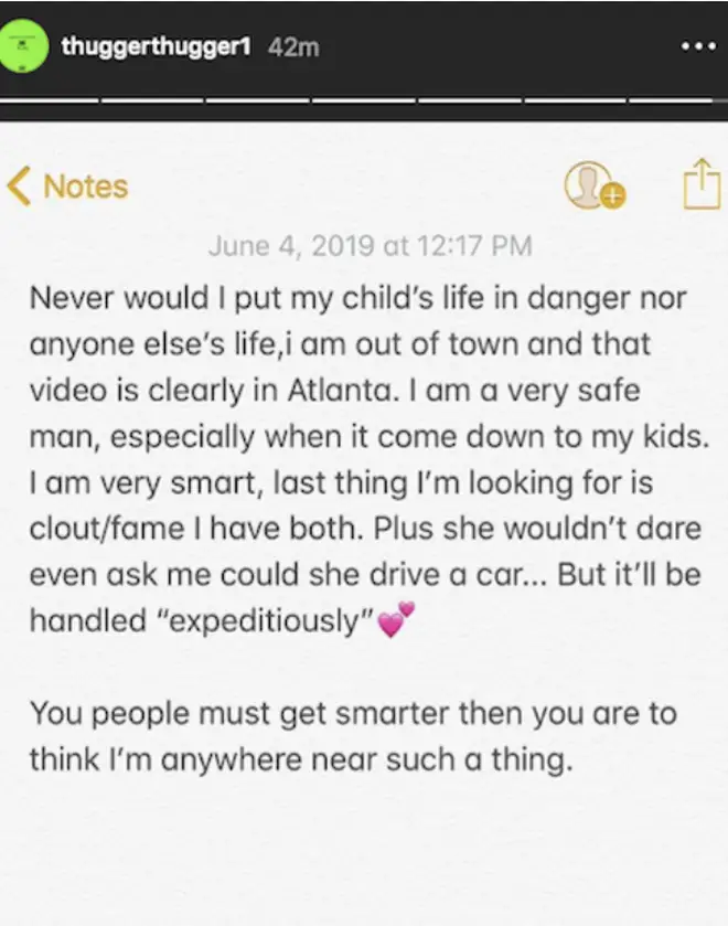 Young Thug issues statement addressing the viral video of his young daughter driving a car
