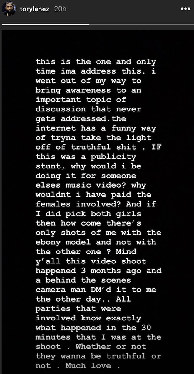Tory Lanez issues a statement on Instagram story addressing the incident that happened on set of a music video
