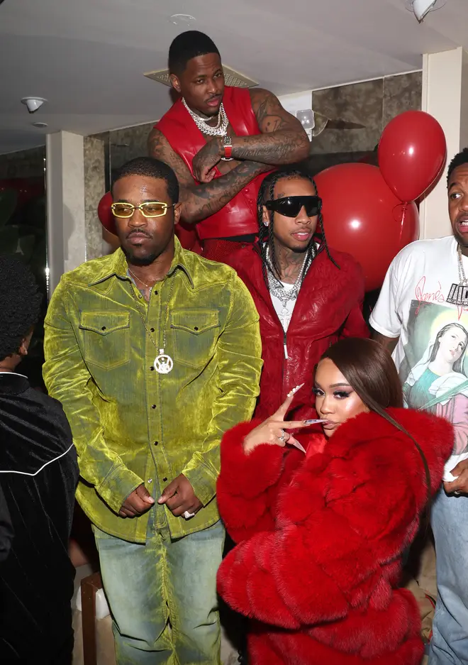 YG and Saweetie are rumoured to be dating. (Pictured here with A$AP Ferg, Tyga and Mustard in March 2023.)