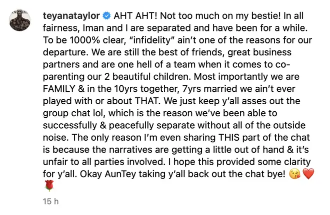 The full statement Teyana uploaded to Instagram.