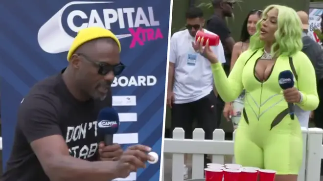 Idris. and Steff go head to head in a game of Beer Pong