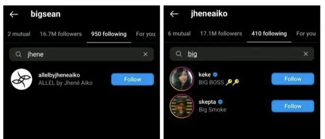 Jhené and Big Sean had unfollowed each other (above), but now appear to be following each other again on Instagram.