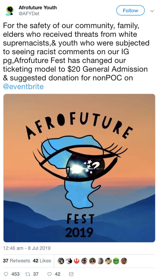 Afro Future Youth have announced they changed their ticketing model after 'white supremacist' threats