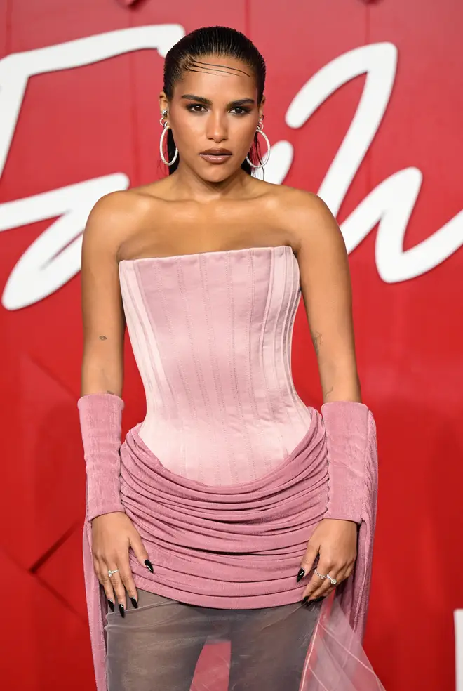 Saffron Hocking wore a layered pink dress to the Fashion Awards.