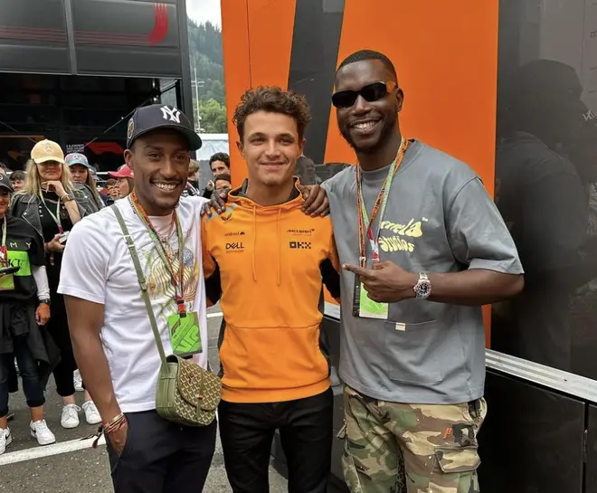 Harry Pinero (R) pictures with fellow creator Yung Filly (L) and F1 driver Lando Norris.