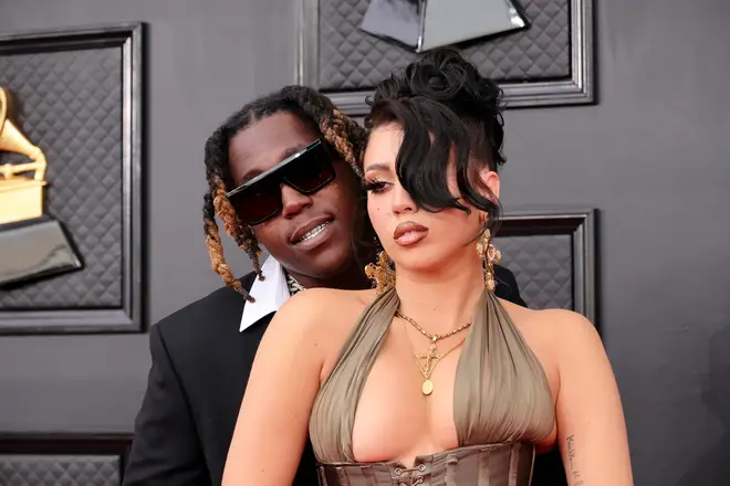 Don Toliver and Kali Uchis pictured at the 2022 Grammy Awards.