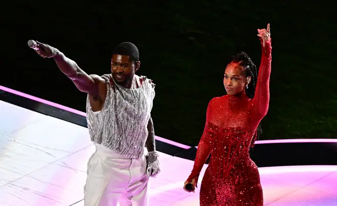US singer-songwriter Usher (L) and US singer-songwriter Alicia Keys perform during Apple Music halftime show of Super Bowl LVIII between the Kansas City Chiefs and the San Francisco 49ers at Allegiant Stadium in Las Vegas, Nevada, February 11, 2024