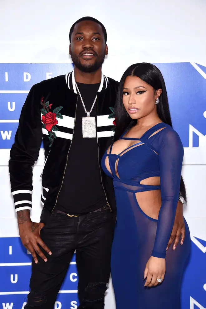 Rappers Meek Mill (L) and Nicki Minaj attend the 2016 MTV Video Music Awards at Madison Square Garden on August 28, 2016.