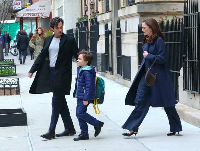 Penn Badgley, Frankie Demaio and Charlotte Ritchie are seen at the film set of 'You' tv series on April 04, 2024 in New York City.