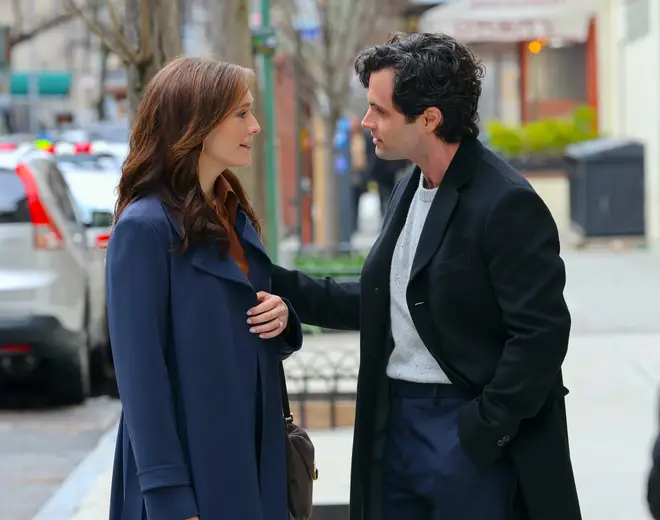 Charlotte Ritchie and Penn Badgley are seen at the film set of the 'You' on April 04, 2024 in New York City.