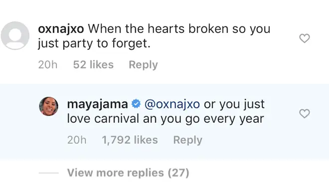 Maya fired back a fan suggesting she was "partying to forget" her split with Stormzy.