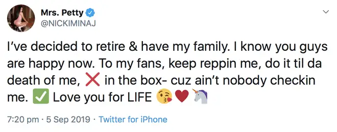 Nicki Minaj announced her retirement on Twitter, saying that she wants too start a family.