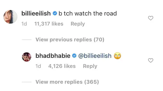Billie warned her friend to watch the road while driving, to which Bhad Bhabie responded with an eye-roll emoji.