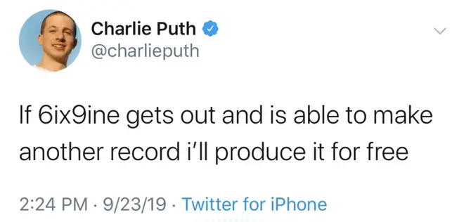 In a since-deleted tweet, Charlie Puth offered to work with jailed rapper Tekashi 6ix9ine if he is released from prison.
