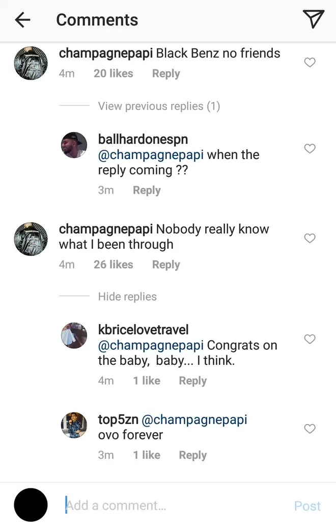 Drake's Instagram comment.